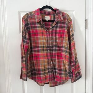 American Eagle Plaid Flannel Button Up Shirt M Pink‎ Orange Brown Boyfriend Fit